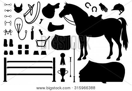 Vector Flat Black Set Collection Of Horse Equestrian Equipment Silhouette Isolated On White Backgrou