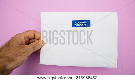 Man Hand Holding Envelope With Courrier Personnel Personal Mail Sign Sticker