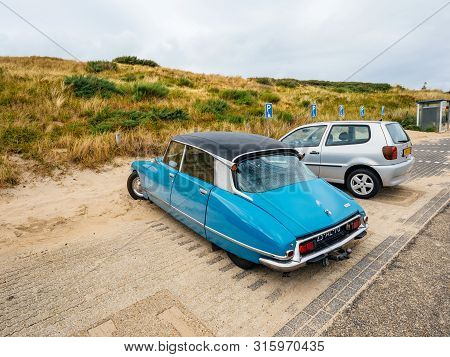 Overveen, Netherlands - Aug 16, 2019: Luxury Vintage Old Blue Citroen D Special Limousine Parked In 