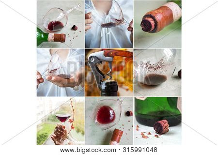 Collage With Different Views Of Sediment In A Glass Of Old Wine. Sediment In Wine.