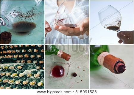 Collage With Different Views Of Sediment In A Glass Of Old Wine. Sediment In Wine.