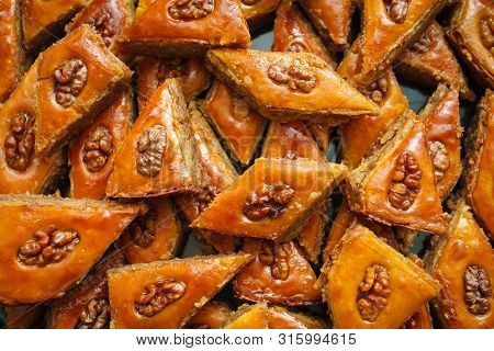 Honey Baklava With Walnuts. Dessert. Tasty Dish. Close-up. Texture