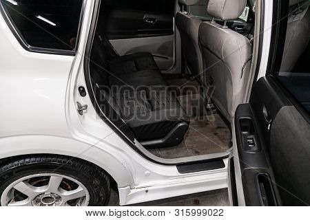 Novosibirsk, Russia - July 17, 2019:  Toyota Opa , Close-up Of The Black  Rear Seats With Seats Belt
