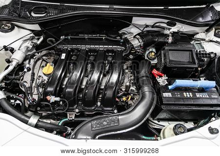 Novosibirsk, Russia - July 17, 2019:  Nissan Terrano, Close-up Of The Engine, Front View. Internal C