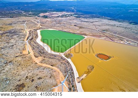 Wind Power Turbines Under Velebit Mountain View, Alkaline Pool From Abandoned Factory, Dalmatia Regi