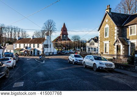 Dalry, Scotland - December 24th 2020: Town Centre Of Dalry With Clachan Inn, Bank, Parish Church In 