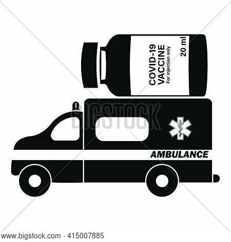 Ambulance Emergency Car With Vaccine. Flat Cartoon Medical Vehicle Auto. Medical Icon