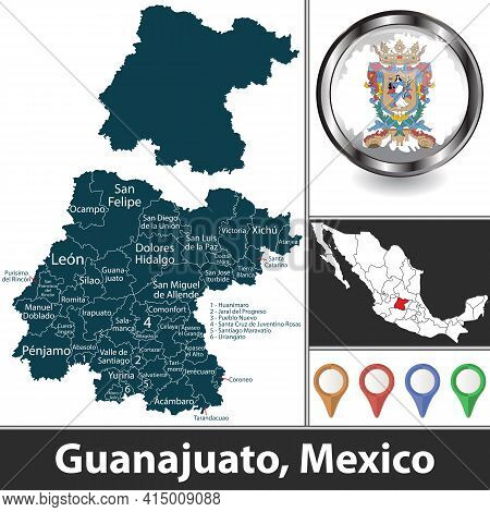 State Of Guanajuato With Municipalities And Location On Mexican Map. Vector Image