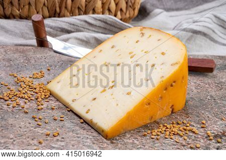 Cheese Collection, Piece Of Hard Yellow Dutch Gouda Cheese With Dried Fenugreek Seeds