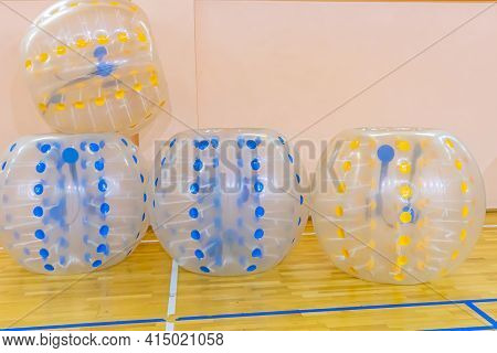 Colorful Bumper Boll Bubble Balloons In The Sports Center. Equipment For Team Building Sport Game Na