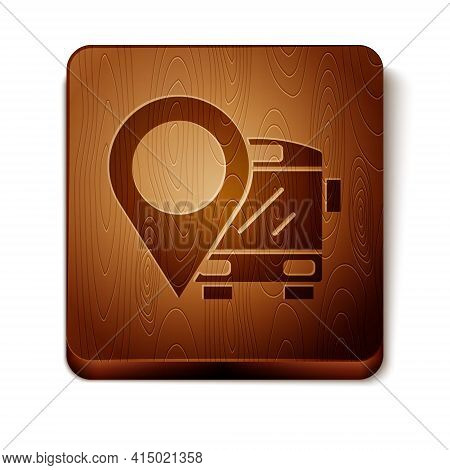 Brown Location With Bus Icon Isolated On White Background. Transportation Concept. Bus Tour Transpor
