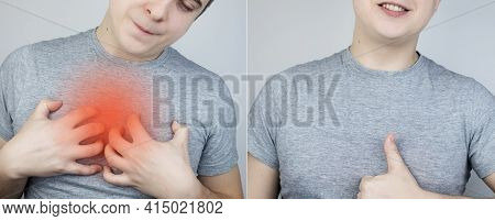 Before And After Chest Pain. Conceptual Shot Of A Heart Attack. On One Half, The Person Grabbed The