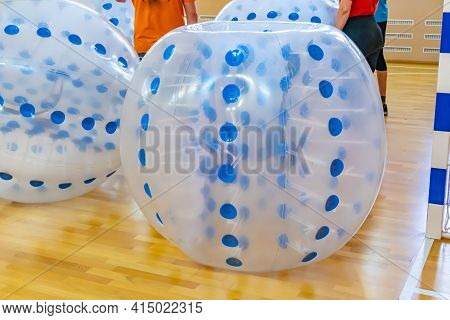 Blue Bumper Boll Bubble Balloons In The Sports Center. Equipment For Team Building Sport Game Named 