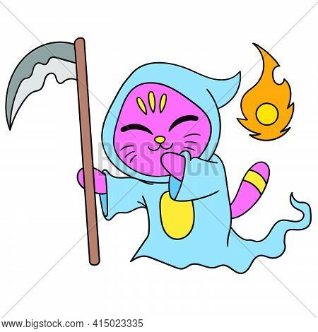 A Shinigami Cat Dressed In An Angel Of Death, Character Cute Doodle Draw. Vector Illustration