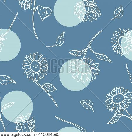 Vector White Sunflower Lineart With Blue Circles Seamless Pattern Background. Perfect For Fabric, Sc