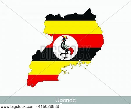 Uganda Flag Map. Map Of The Republic Of Uganda With The Ugandan National Flag Isolated On A White Ba