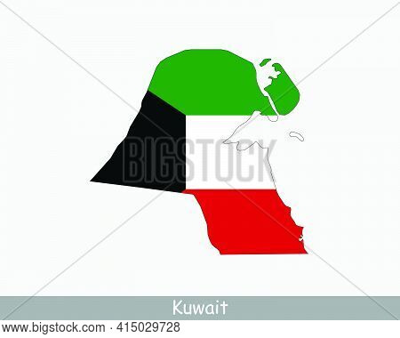 Kuwait Map Flag. Map Of The State Of Kuwait With The Kuwaiti National Flag Isolated On White Backgro