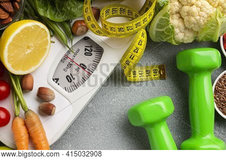 Flay Lay Scale Weights. High Quality And Resolution Beautiful Photo Concept