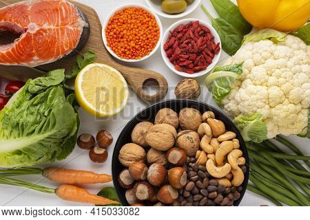 Flay Lay Natural Healthy Food. High Quality And Resolution Beautiful Photo Concept