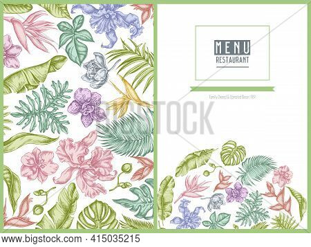 Menu Cover Floral Design With Pastel Monstera, Banana Palm Leaves, Strelitzia, Heliconia, Tropical P