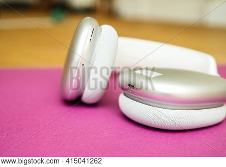 Paris, France - Jan 7, 2021: Side View Of Charging Port Of New Airpods Max Wireless Bluetooth Over-e