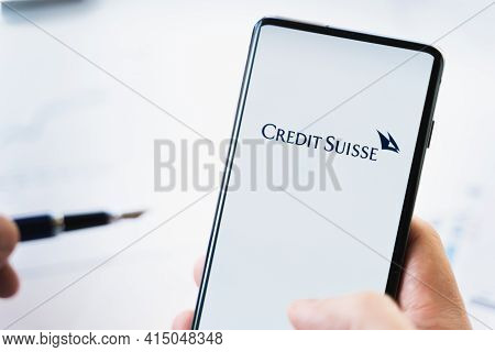 Russia Moscow 29.03.2021 Mobile Phone With Logo Of Credit Suisse Swiss Bank.investment Finance Compa