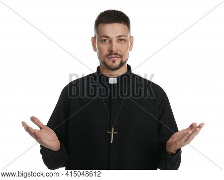 Priest Wearing Cassock With Clerical Collar On White Background