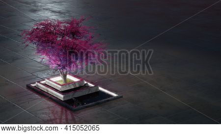 Purple Tree In A Zen-like Marble Bed. Fantasy Background With Large Negative Space. Digital 3d Rende