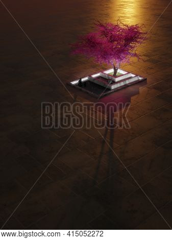 Purple Tree In A Zen-like Marble Bed With Fallen Petals At Sunset. Fantasy Background With Large Neg