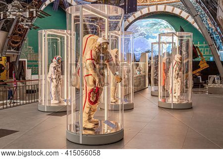 Moscow, Russia - November 28, 2018: Space museum. Inside The Cosmonautics and Aviation Centre in the Cosmos pavilion of VDNH. Aircraft exhibition. Rocket science.