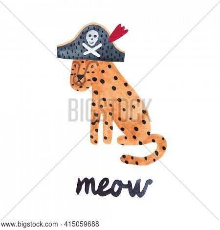 Cute leopard in a pirate cocked hat. Cool pirate. Childish card.