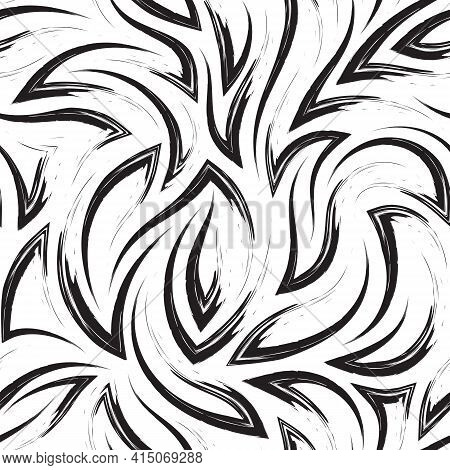 Seamless Black And White Vector Pattern Of Angles And Flowing Lines.testure From Paint Strokes On A 