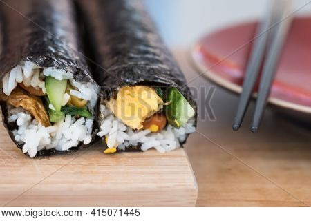 Korean Gimbap Rools Fresh Prepared Before Cutting