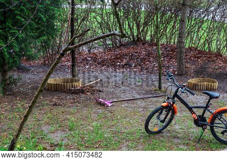Backyard, Spring, Young Green Grass, In The Background Yellow Last Year's Foliage And A Rake For Col