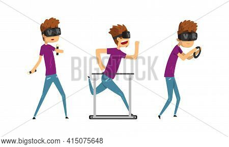 Man In Virtual Reality Headset Set, Guy Wearing Vr Helmet Doing Sports Cartoon Vector Illustration