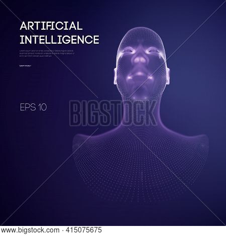 Artificial Intelligence Head, City Human And Innovations Sciences Fictions. Artificial Technology Hu