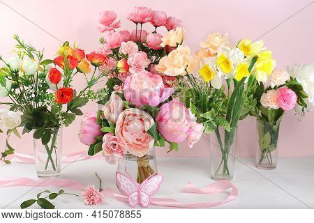 Holiday Concept With Flowers, Spring Or Summer Composition, Still Life, Flowers In A Vase, Banner. M