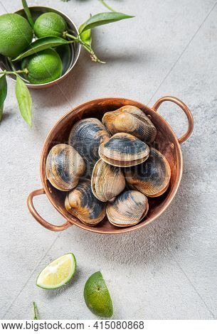 Raw Uncooked Clams Vongole Shells Shellfish With Ingredients For Cooking Coriandr, Beer And Lime In 