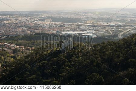 Panorama View Of Old Historic Hilltop Castle Palace Building In Green Forest Of Sintra Mountains Lis