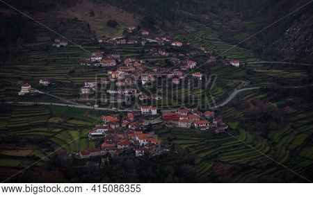 Aerial Panorama Of Green Agriculture Farming Terraces Old Remote Rural Mountain Village Town Sistelo