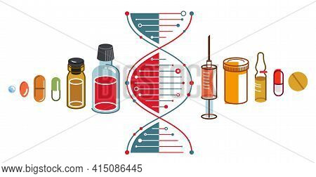 Dna Strand Based Medical Theme Composition With Lots Of Different Drugs And Meds Vector Illustration