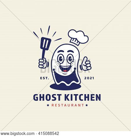 Ghost Chef Holding Spatula Mascot Character Illustration For Ghost Kitchen Online Restaurant Concept