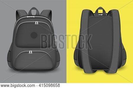 Backpack Mockup Set, Vector Isolated Illustration. Realistic Black School Bag, Rucksack With Zipper,