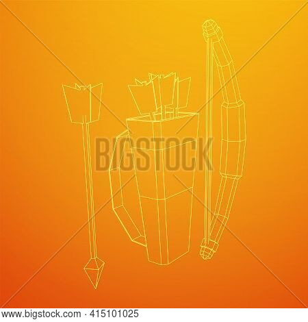 Medieval Bow And Arrow Archer Weapon. Wireframe Low Poly Mesh