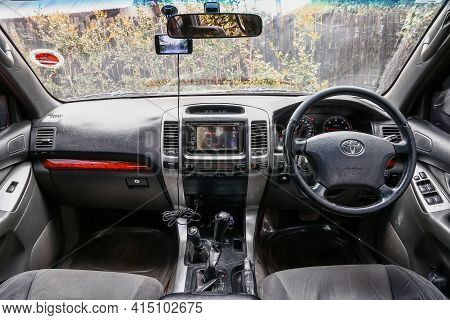 Taita Hills, Kenya - February 3, 2021: Interior Of The Offroad Car Toyota Land Cruiser Prado 120.