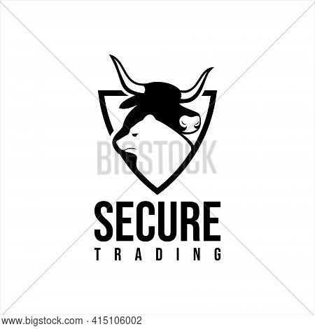 Bear And Bull Trading Logo Template, Modern Animal Vector Silhouette With Shield For Secure Business