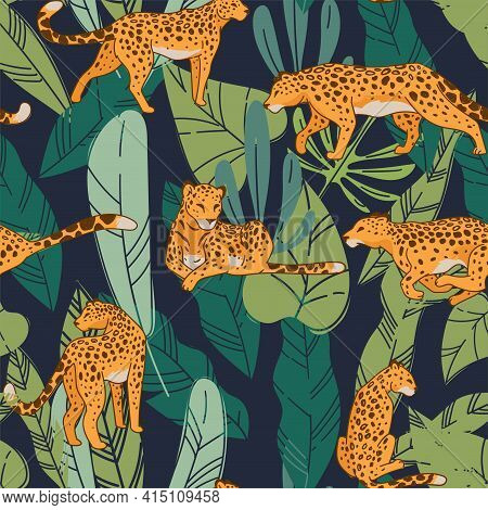 Cheetah Or Leopard With Tropical Flora Pattern