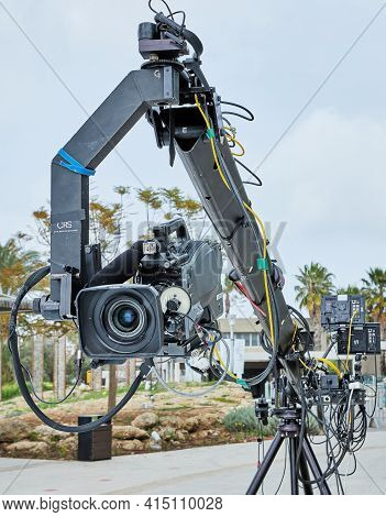 Professional Equipment For Filming Tv Shows And Films. Video Camera On Special Crane.