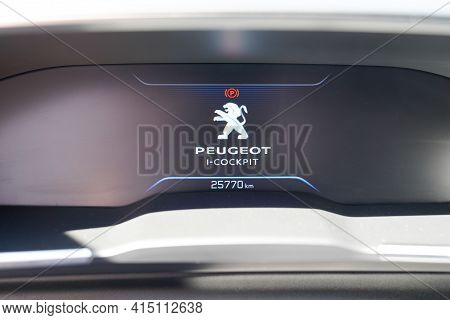 Bordeaux , Aquitaine France - 03 25 2021 : Peugeot Dashboard Interior Tablet Screen Brand Lion Logo 