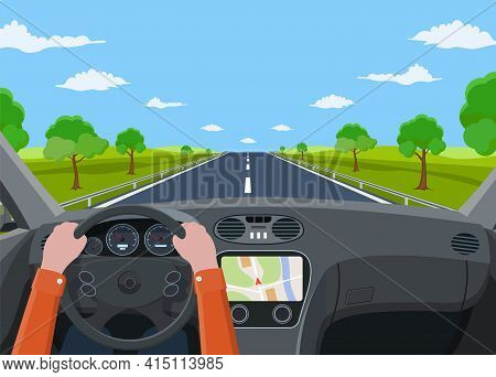 View Of The Road From The Car Interior. Vehicle Salon, Inside Car Driver . Driving Simulator .hands 